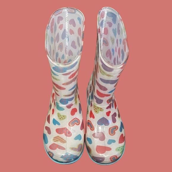 Toddler Wootie White/Colorful Hearts Tall Rain boots Size 9 - Picture 2 of 6
